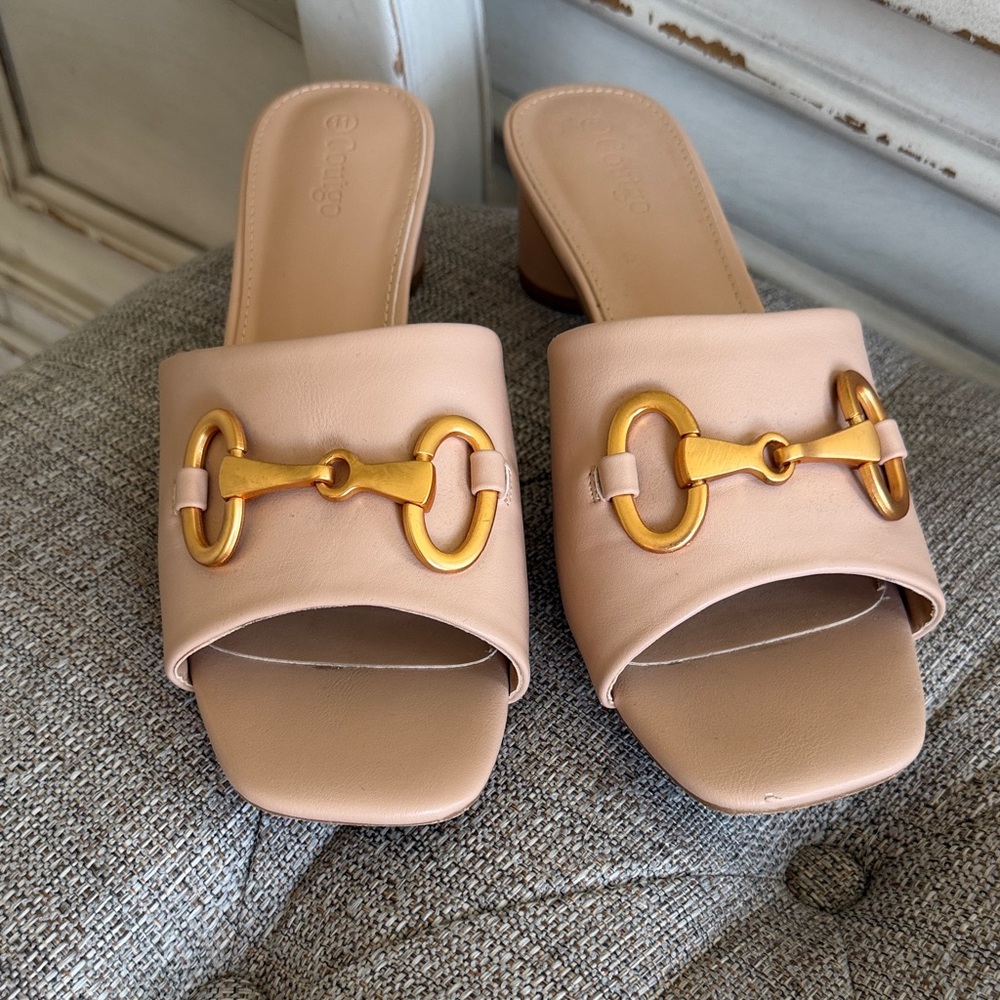 Women’s Nude Slide Sandals with Gold Horsebit Accent